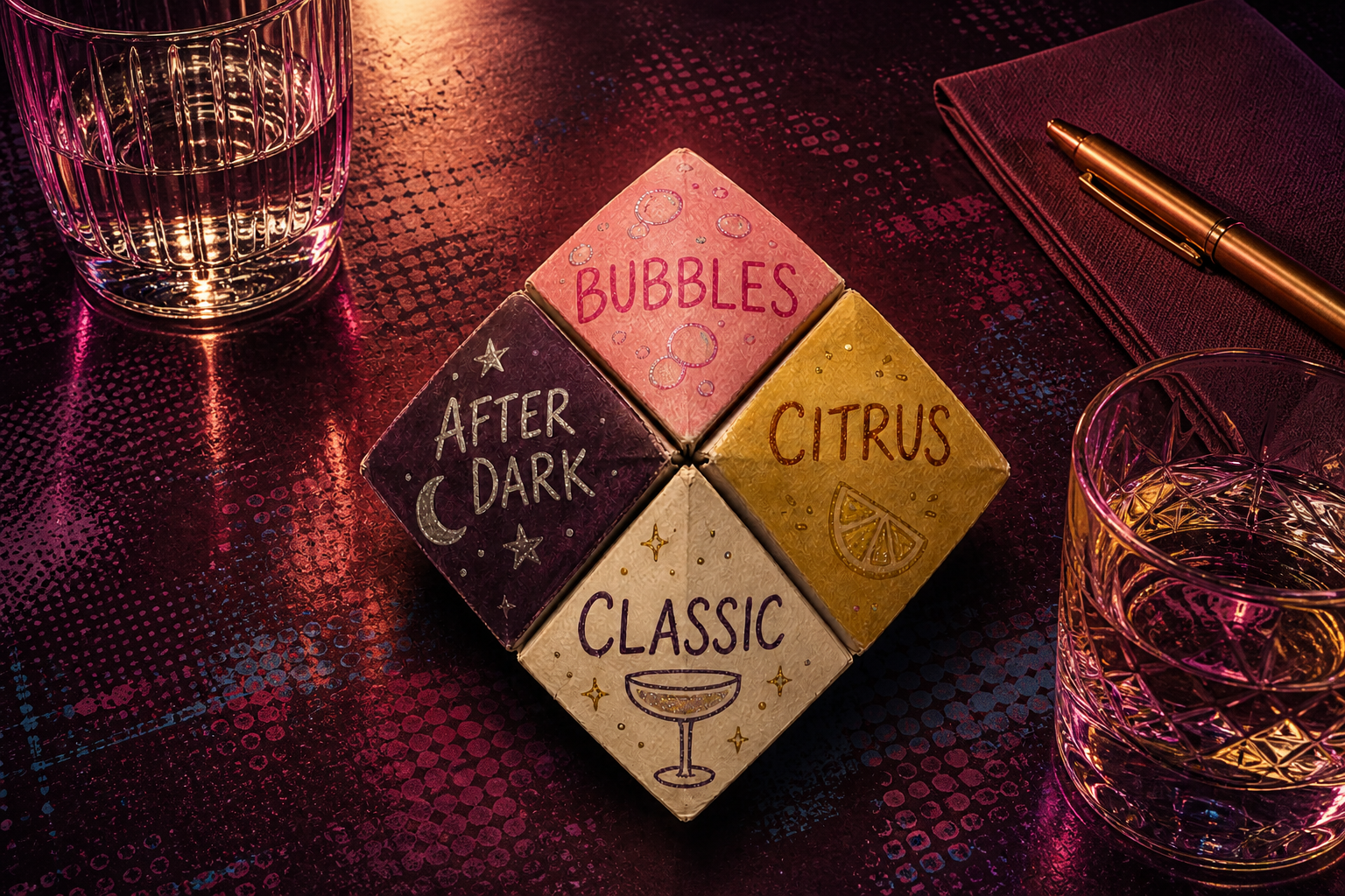 The Businesswomen’s Special paper fortune teller on the bar: Bubbles, After Dark, Citrus, Classic