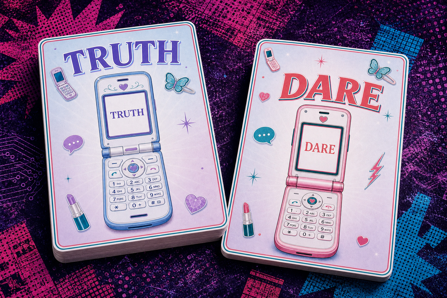 Truth and Dare card stacks with lavender and pink flip-phone artwork